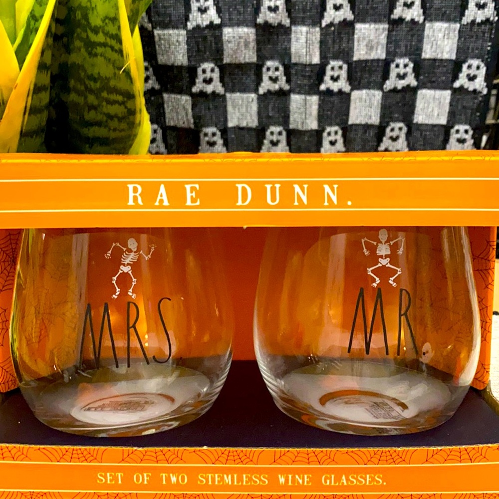 New! Rae Dunn: “Mr. & Mrs.” Skeleton Wine glasses
